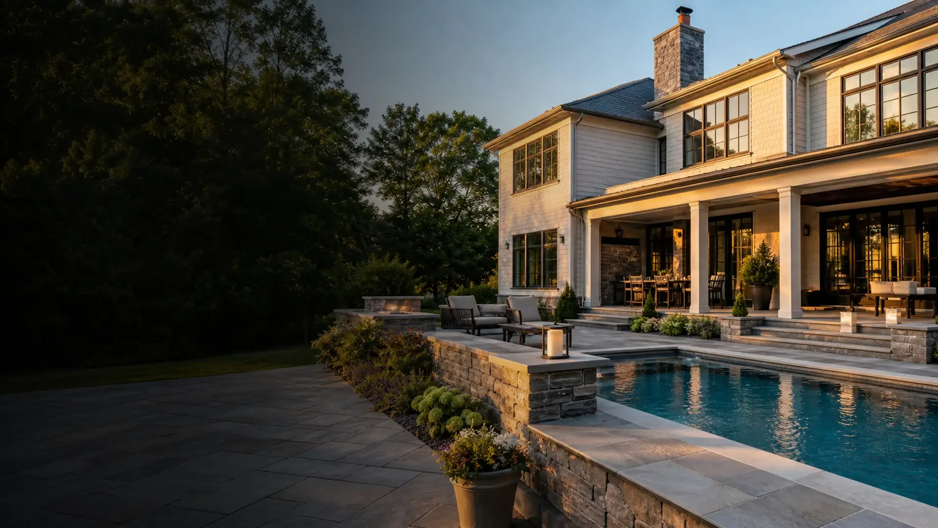 Luxury Long Island backyard renovation with stone terrace and pool
